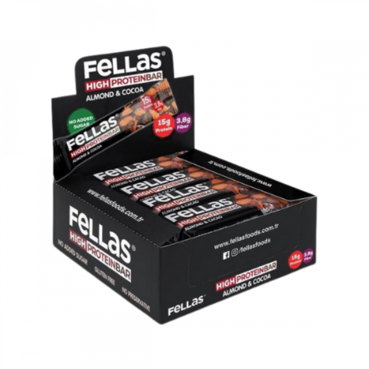 Fellas Yüksek Protein Bar Badem ve Kakao 45g x Fellas Yüksek Protein Bar Badem ve Kakao 45g x